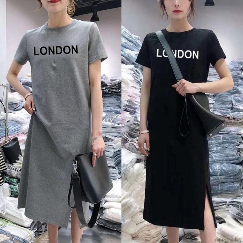 Women's Long Dress Casual Letter Printed Loose Fashion Sexy Spilt Long Dress