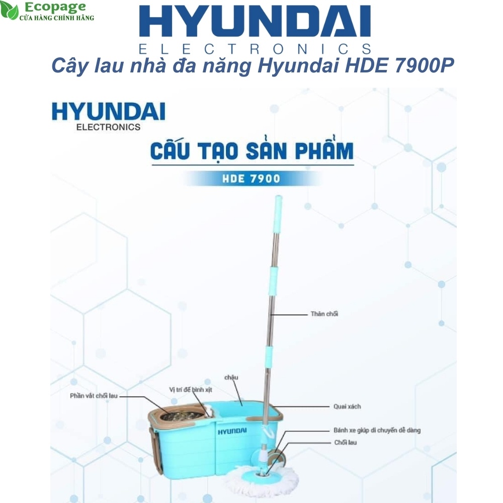 Cây Lau Nhà Đa Năng Hyundai HDE 7900P Gấp Gọn Xoay 360 độ, Dụng Cụ Làm Sạch Sàn Nhà, Vắt Siêu Khô