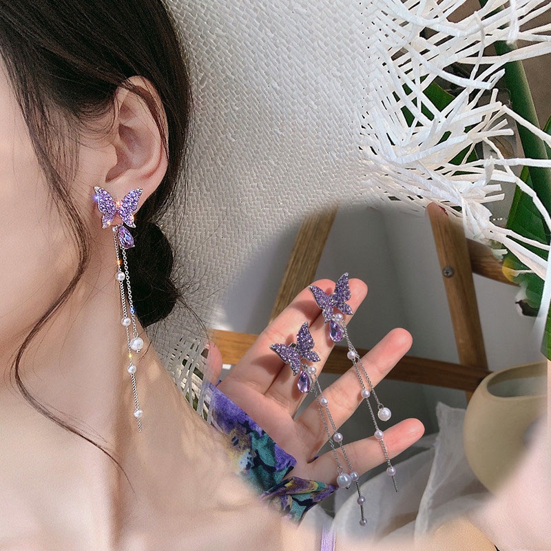 Khuyên Tai Tua Rua Dáng Dài Đính Ngọc Trai Hình Bướm Màu Tím Sang Trọng Thời Thượng Cho Nữ
