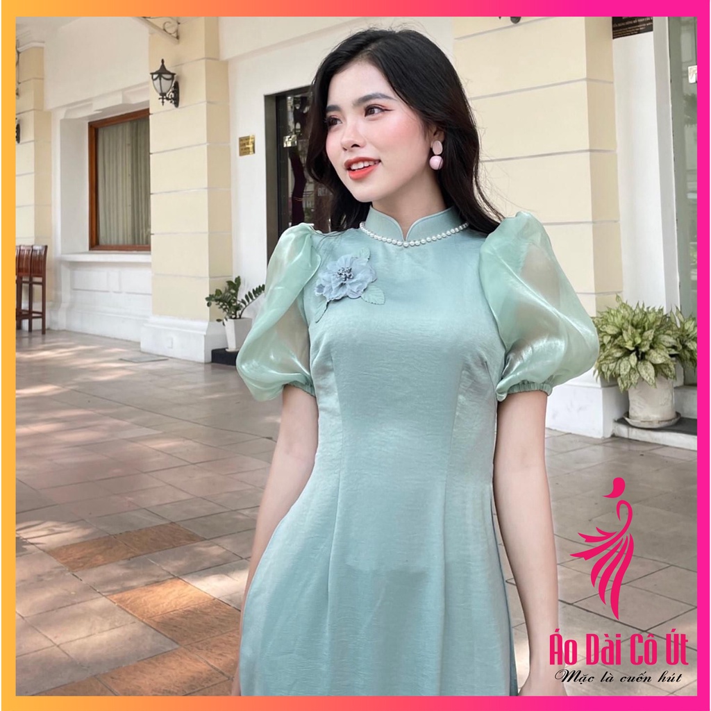 Áo dài lụa tây thi tay bồng xanh ngọc đính hoa cổ đính ngọc dự tiệc cưới hỏi lễ tết