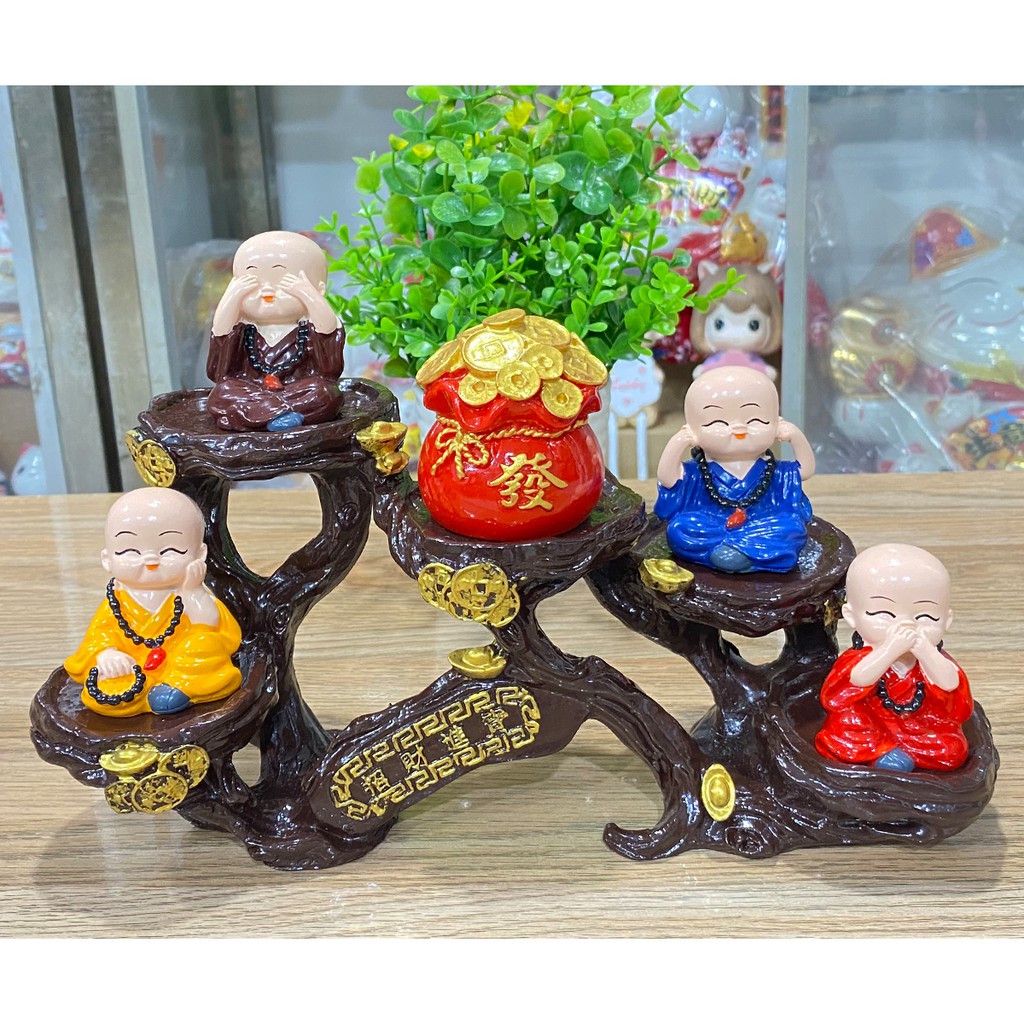 Bộ tượng Tứ Không đeo xâu chuỗi kèm túi vàng đỏ chữ Phát và đế ngang 5 ánh vàng