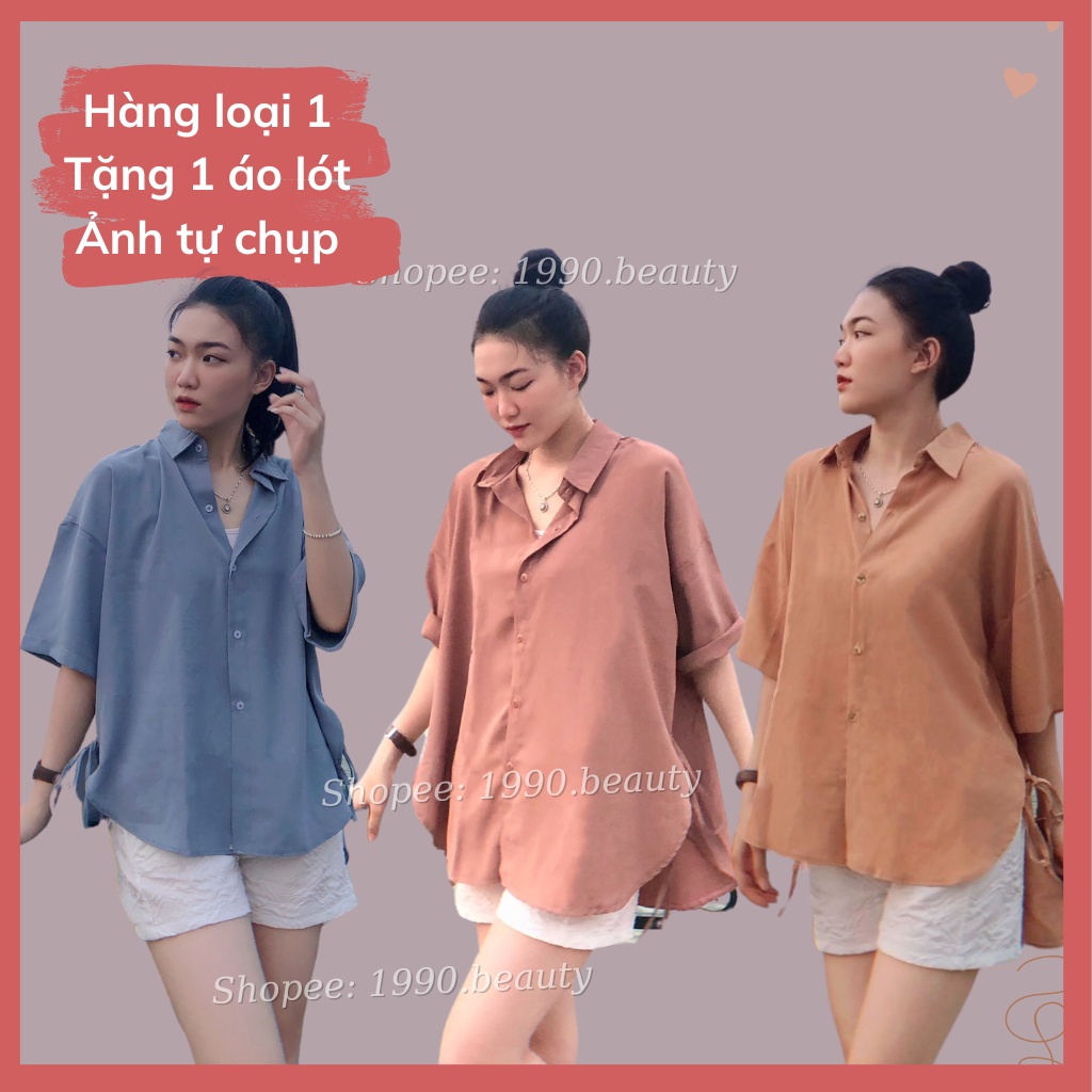 Áo sơ mi nữ form rộng cộc tay buộc dây 2 bên dáng dài áo sơ mi nữ suông thiết kế vạt bầu chất lụa Hàn mát đẹp