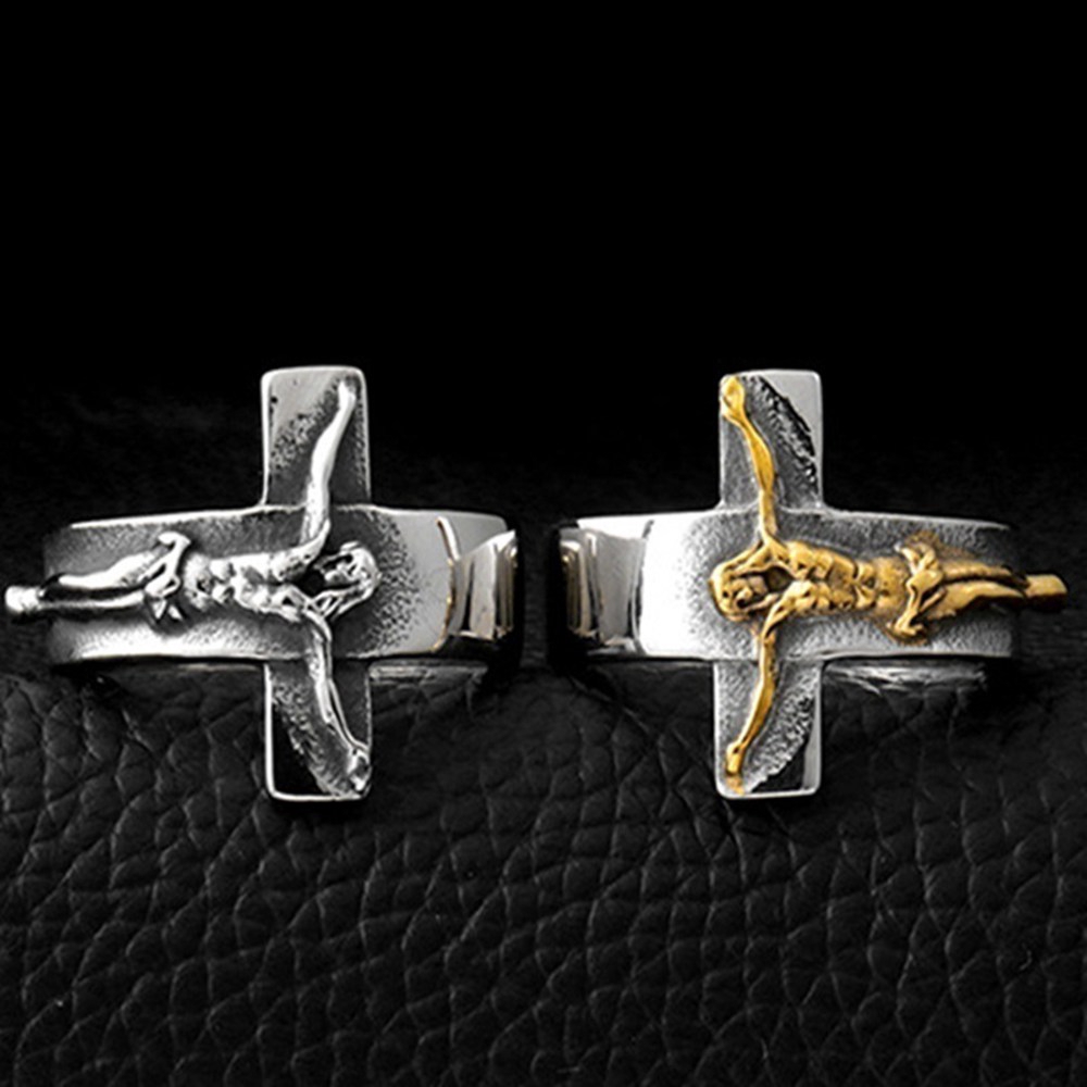 Cincin Vintage Gothic Punk Desain Salib Hias Kristal untuk Wanita