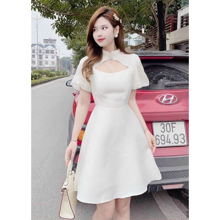 Đầm tiểu thư dáng dài đi dự đám cưới sang trọng, đầm đi tiệc nữ dài thiết kế tay phồng khoét ngực sexy cực cuốn