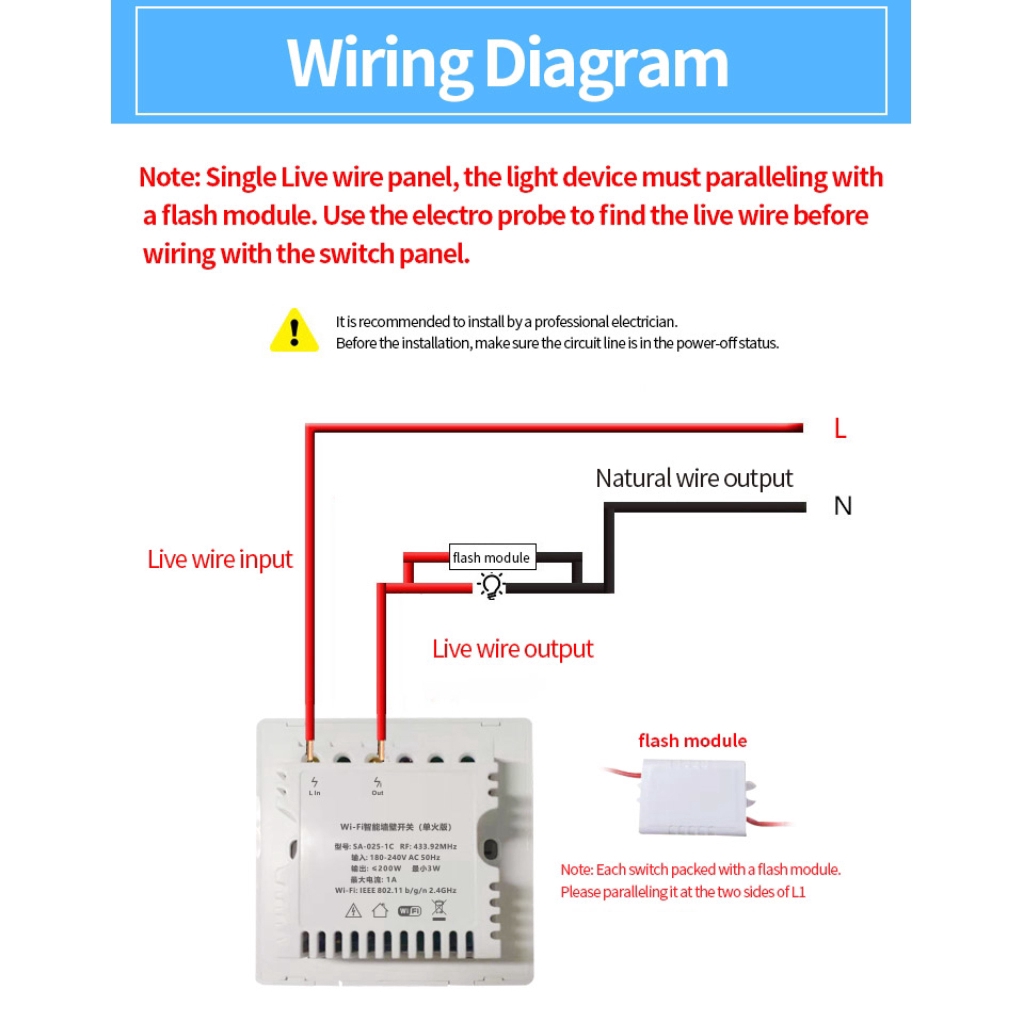 eWelink Wifi Smart Single Fire Wire Wall Light Switch 86 Model 180-240V RF433mhz No Neutral Line Switch Remote Control 【nuuo】