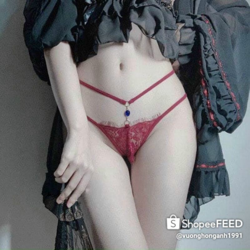 quần lót nữ quần thong lọt khe ren kèm ngọc dây ngang eo không đáy khoét đũng sexy gợi cảm