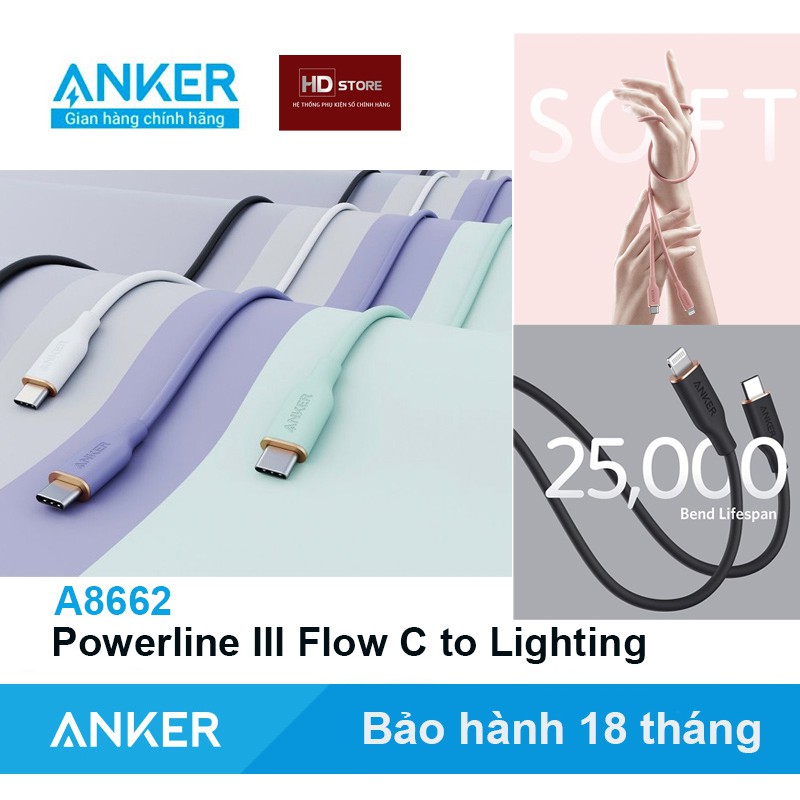 Cáp ANKER Powerline III Flow Type C To Lighting Iphone MFI 0.9 Mét  - Mã A8662 sạc nhanh PD 18W 20W Apple C94