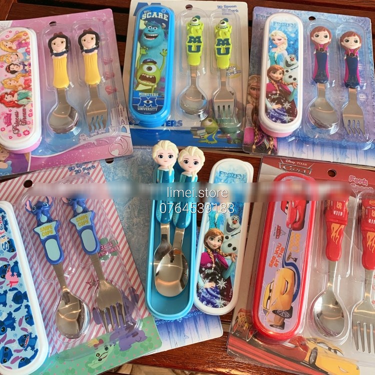 Set hộp muỗng nĩa ăn nhựa 3D Frozen Car95 Mickey Disney cho trẻ em bé trai gái