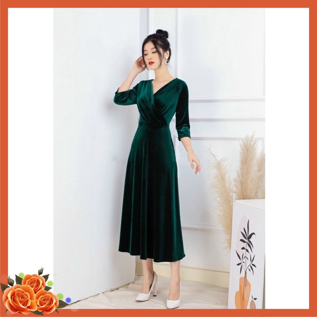 VÁY NHUNG CHÉO NGỰC DÁNG DÀI, ĐẦM NHUNG CAO CẤP