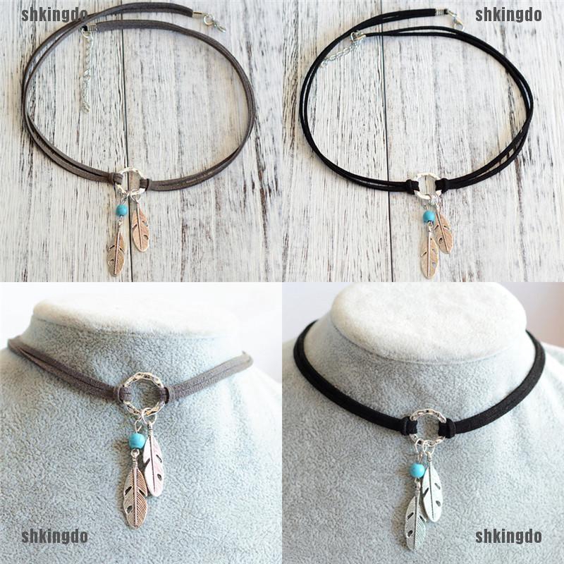 Vòng cổ choker mặt dây hình lông vũ bằng kim loại phong cách Bohemian