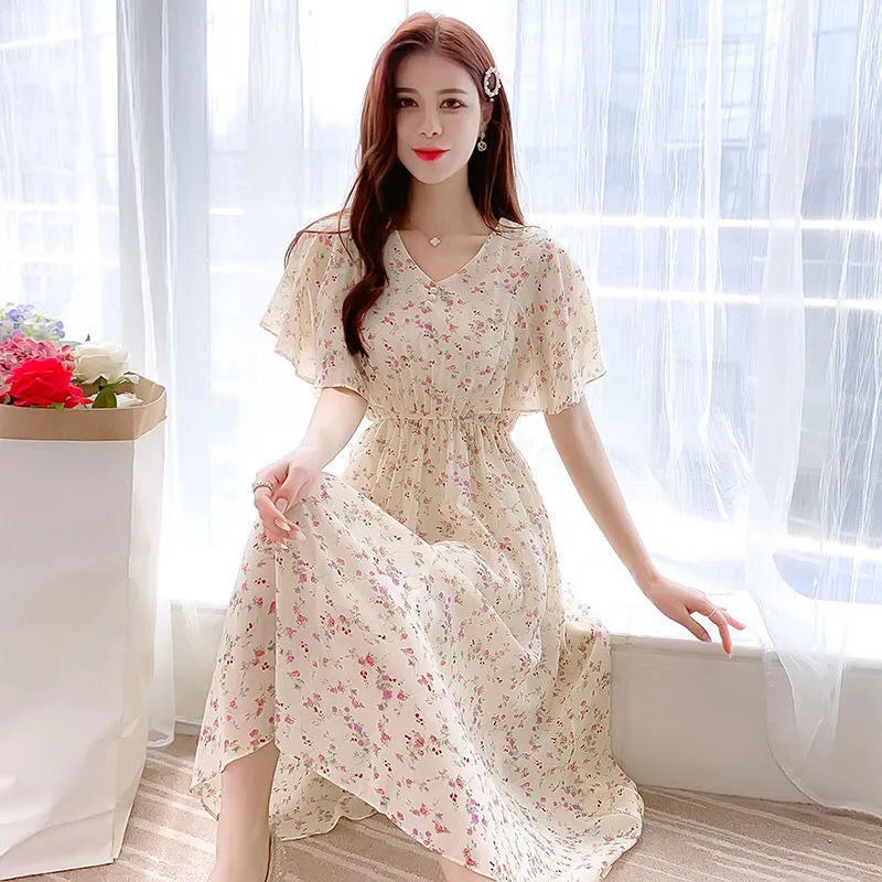 Đầm Chiffon Dáng Ôm In Hoa Nhỏ Phong Cách Pháp Thời Trang Mùa Hè 2022