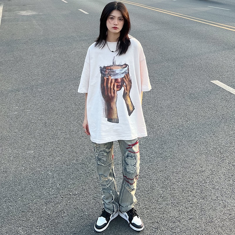 Áo Thun Nữ Ngắn Tay Cổ Tròn Form Rộng In Hình Chân Dung Phong Cách retro