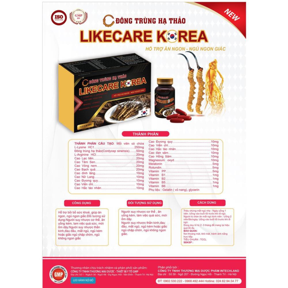 [ĐÔNG TRÙNG HẠ THẢO]  ĐÔNG TRÙNG HẠ THẢO LIKE CARE KOREA Viên uống hỗ trợ ăn ngon ngủ tốt bồi bổ cơ thể | BigBuy360 - bigbuy360.vn
