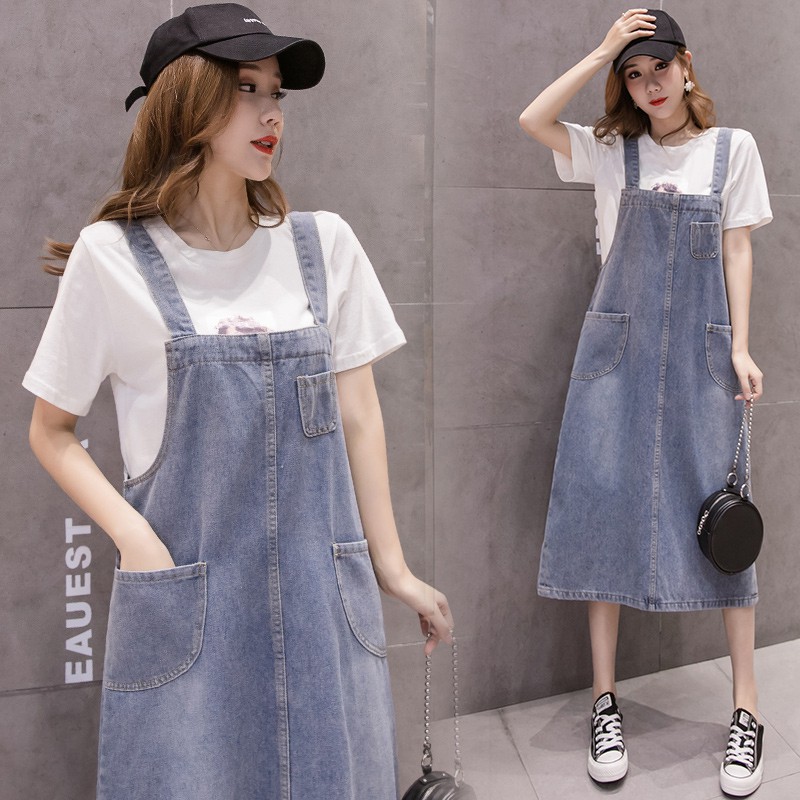 Váy dây denim nữ mùa hè 2021 mới dài qua đầu gối size lớn lỏng lẻo giữa rộng