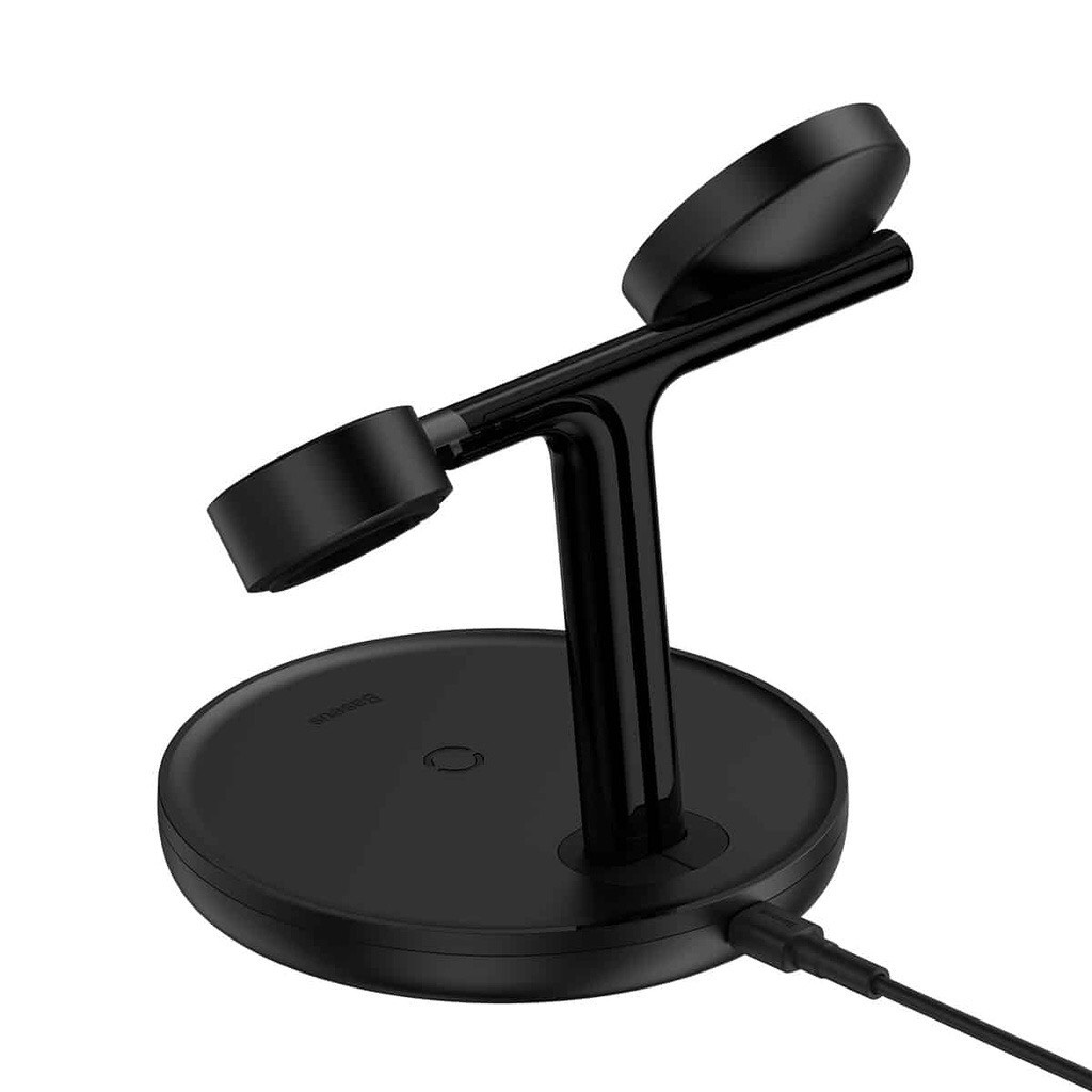 Đế sạc không dây từ tính Baseus Swan 3 in 1 nhanh 20W cho điện thoại, tai nghe, đồng hồ có thể điều chỉnh góc đế sạc.