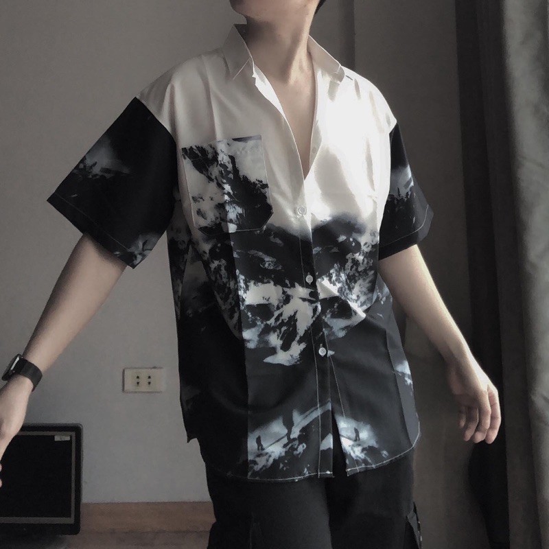 Sơ mi tay lỡ in hình nam nữ form rộng cao cấp phong cách Hàn Quốc