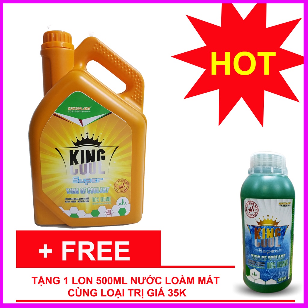 Nước làm mát động cơ xe ô tô màu xanh cao cấp KINGCOOL SUPER can 4L tặng lon 500ml