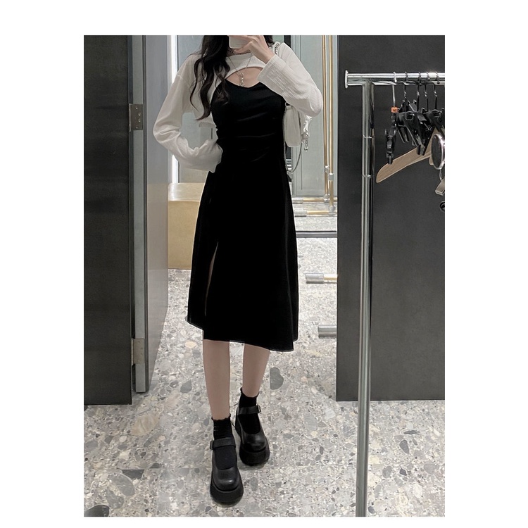 Bộ Đầm Tank Top Phối Dây Rút + Áo Sơ Mi Tay Dài Chống Nắng Thời Trang Cho Nữ