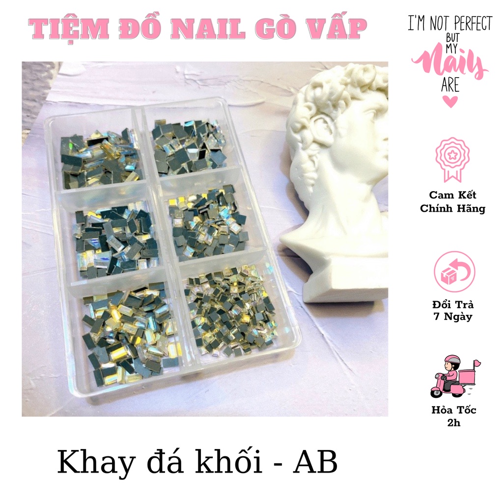 Set Đá Khối Chân Bằng Mix Size Trang Trí Móng , Mix Màu Hình Vuông - Chữ Nhật Khay 6 Ô