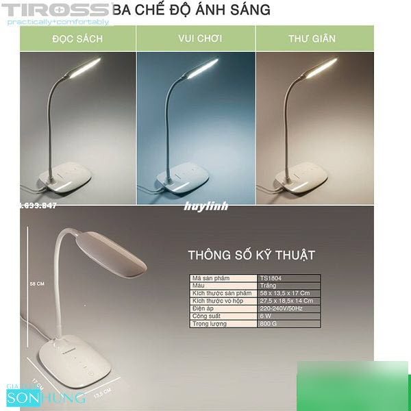 ĐÈN HỌC CHỐNG CẬN LED TIROSS TS1804 CÔNG SUẤT 6W[BẢO HÀNH CHÍNH HÃNG 1 NĂM]