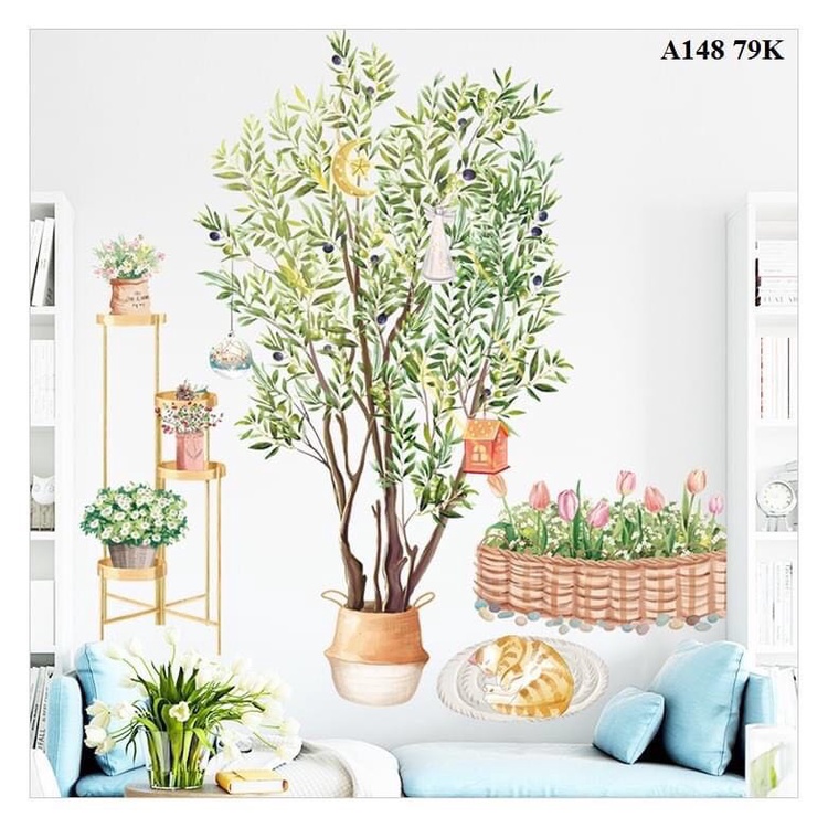 Decal trang trí tường - Chậu cây to và những phụ kiện treo trên cây kèm chậu cây nhỏ-BA2224