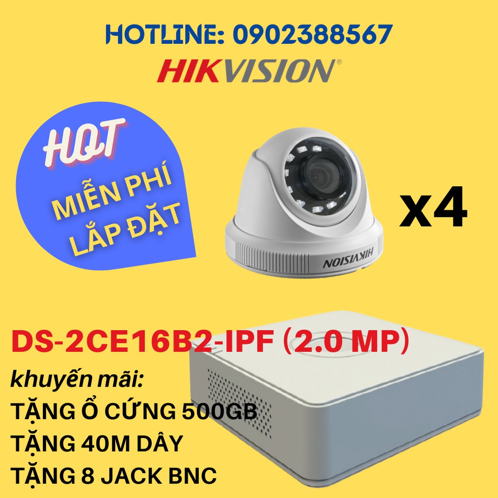 BỘ 4 CAMERA HIK VISION 2.0MP DS-2CE56B2-IPF + DS-7104HGHI-F1 lắp đặt miễn phí nội thành TP.HCM