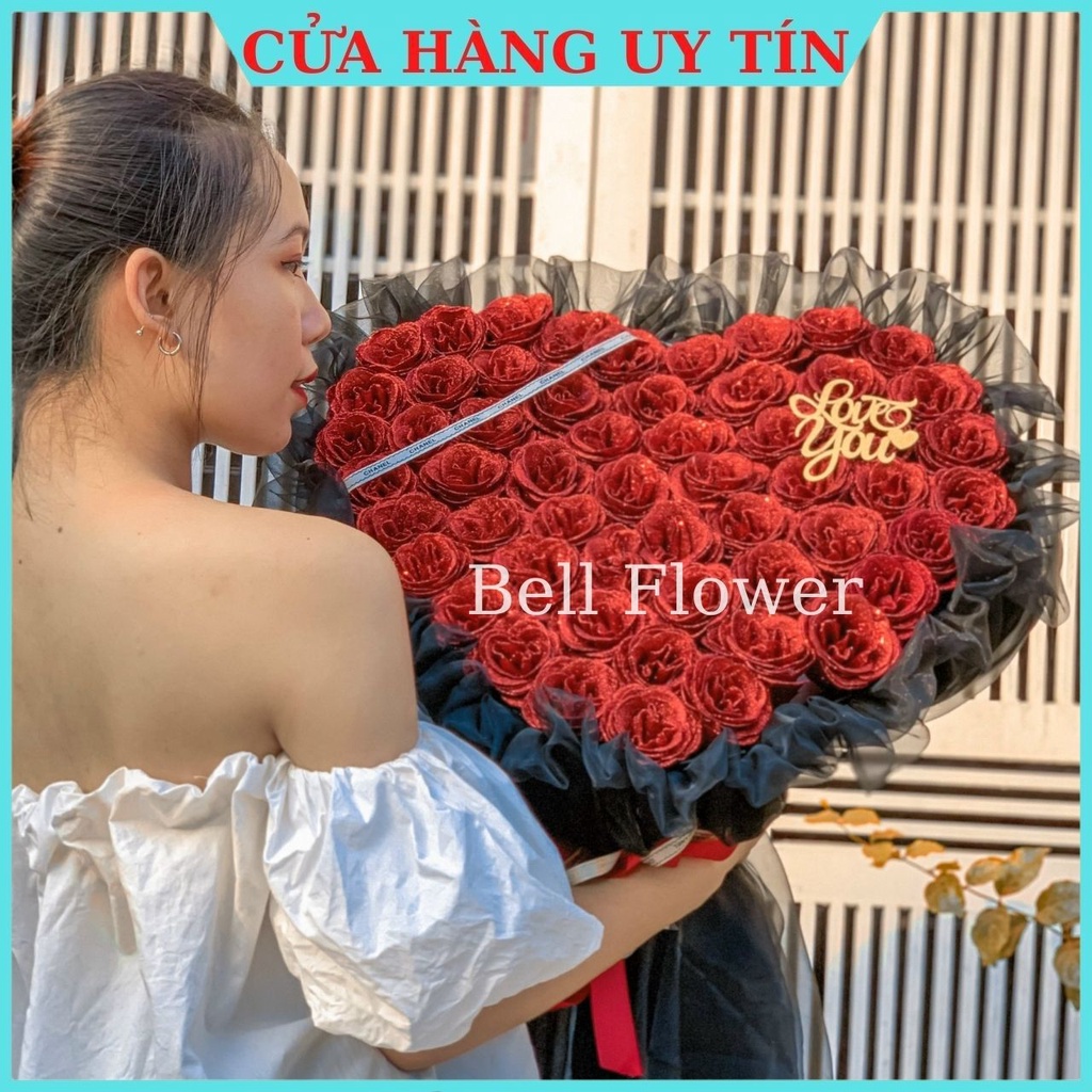 Bó Hoa Hồng Sáp Nhũ 50 Bông Thơm Đẹp Mix Chữ Theo Yêu Cầu, Hoa Hồng Giả Bellflower