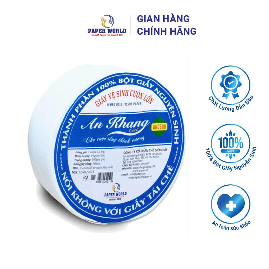 Giấy vệ sinh cuộn lớn 2 lớp AN KHANG AKC500 | Thế Giới Giấy | 100% bột giấy nguyên sinh