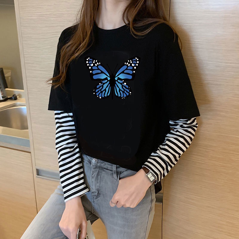 Áo Thun Tay Dài Giả Hai Lớp Dáng Rộng Phong Cách Harajuku Dễ Phối Đồ Thời Trang Mùa Thu Cho Nữ