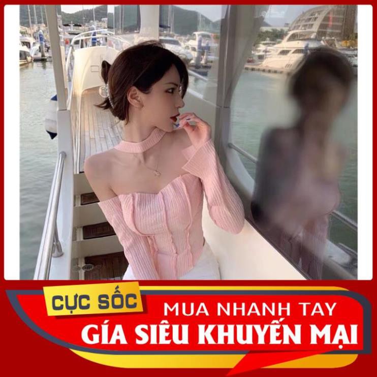 CHÍNH HÃNG 100% ODER ODER Áo len gân nữ tay dài xẻ cúp ngực cổ dây yếm vạt tà xéo chéo bẹt bệt vai BAO RE