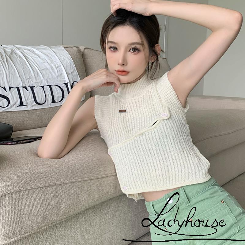 Áo Croptop Dệt Kim Không Tay Cổ Cao Phối Nút Thời Trang Mùa Hè Cho Nữ