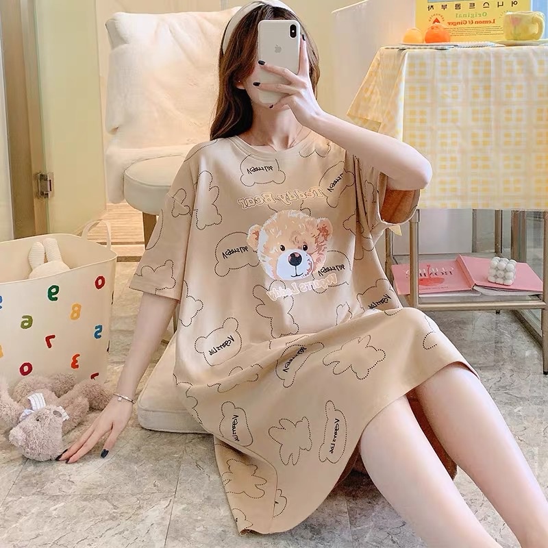 Đầm ngủ - Váy mặc nhà -chất liệu cotton-mềm- mát -mịn (váy xuông cổ tròn )