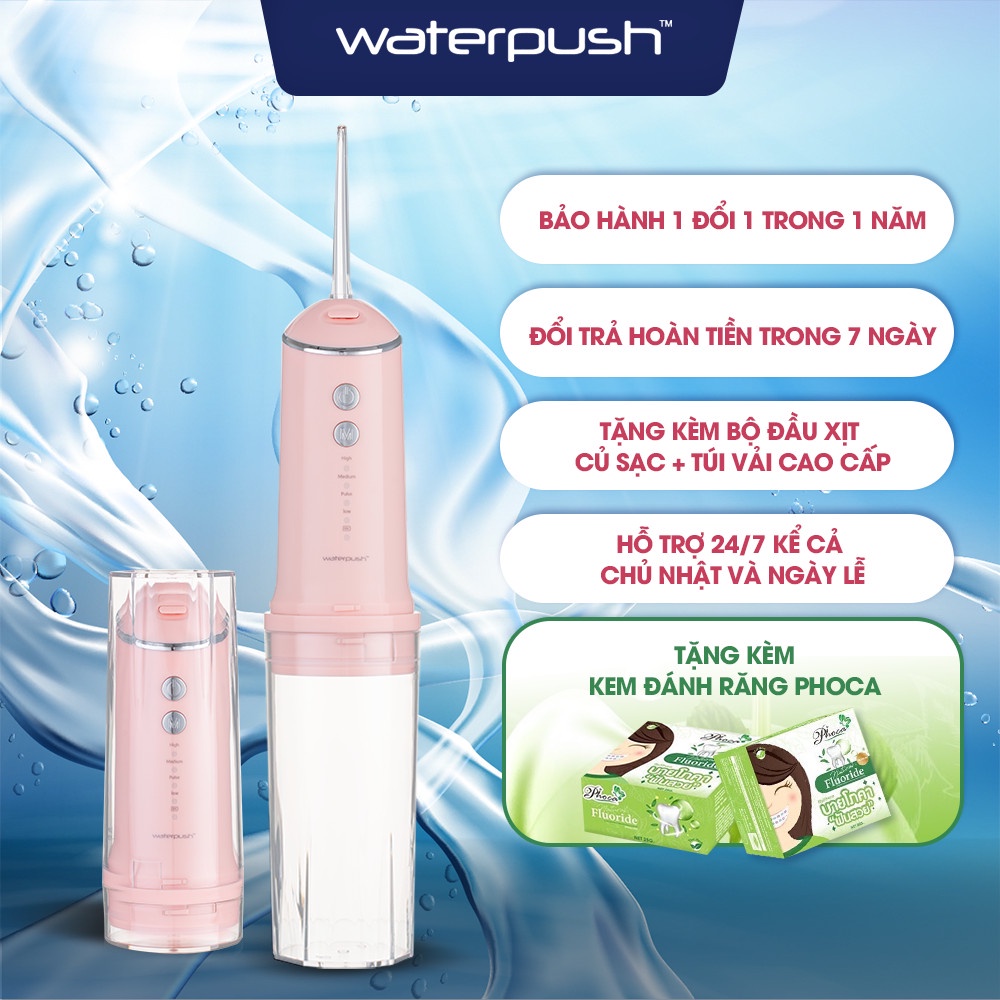 Máy tăm nước du lịch cao cấp WaterPush 1903 màu hồng -  Bình chứa lớn - Siêu Gọn - 1 đổi 1 trong 12 tháng