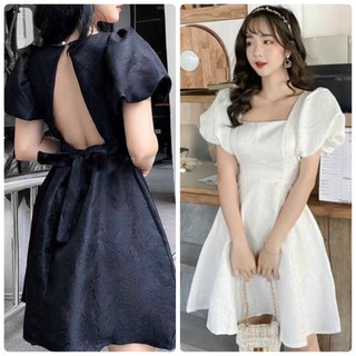 Đầm gấm tay phồng cổ vuông