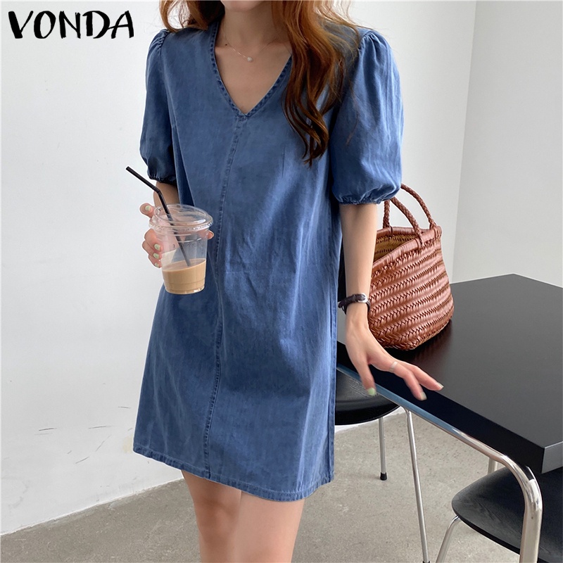 Đầm VONDA tay ngắn cổ chữ V màu trơn thời trang mùa hè phong cách Hàn Quốc dành cho nữ
