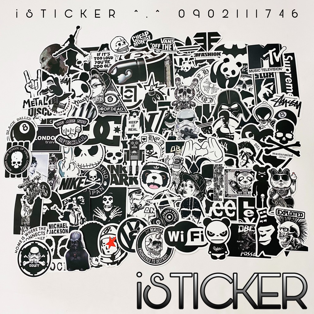 [Set 100 cái] Sticker trắng đen chất liệu pvc cao cấp chống thấm dán xe, vali, laptop, mũ BH, điện thoại...