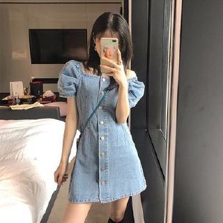 Đầm denim trễ vai cổ vuông xinh xắn cho nữ