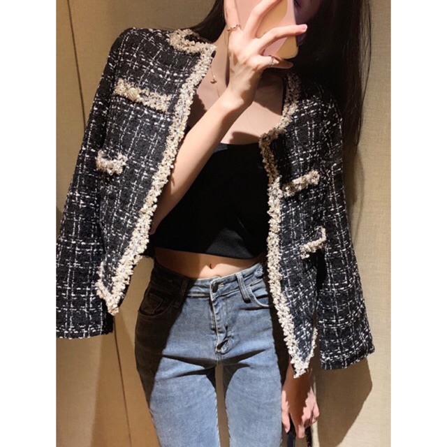 Áo khoác dạ tweed cổ tròn dáng ngắn/ áo dạ kẻ tweed kẻ phối màu