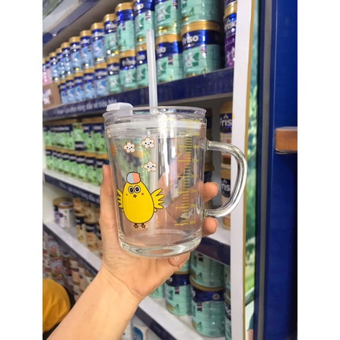 Cốc pha sữa thuỷ tinh chia vạch có nắp và ống hút, Cốc thuỷ tinh chia vạch có ống hút và nắp đậy 350ml