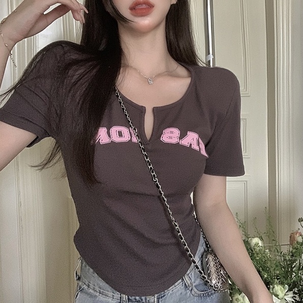 Áo thun ZHELIHANGFEI dệt kim tay ngắn cổ chữ V in họa tiết chữ cái thời trang