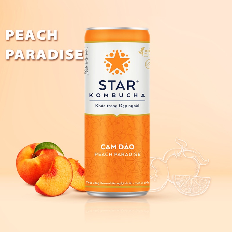 Thùng 12 lon trà STAR KOMBUCHA Cam Đào – trà lên men vi sinh – giải pháp cho sức khỏe và sắc đẹp
