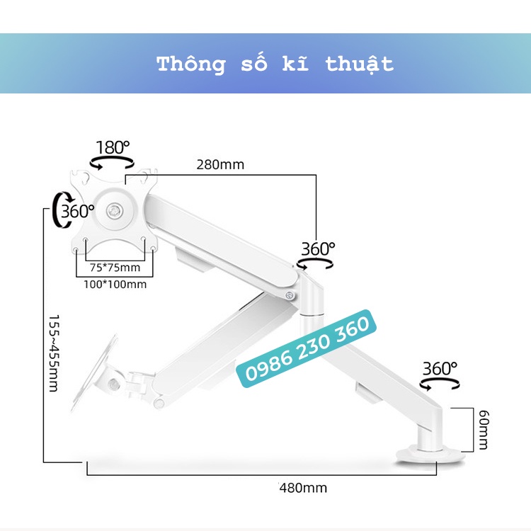 Giá Treo Màn Hình Smart Monitor M5 - 17 - 30 Nnch  - Tải trọng 9Kg - Xoay 360 Độ / Lắp Đặt Kẹp vs Vít Xuyên Bàn