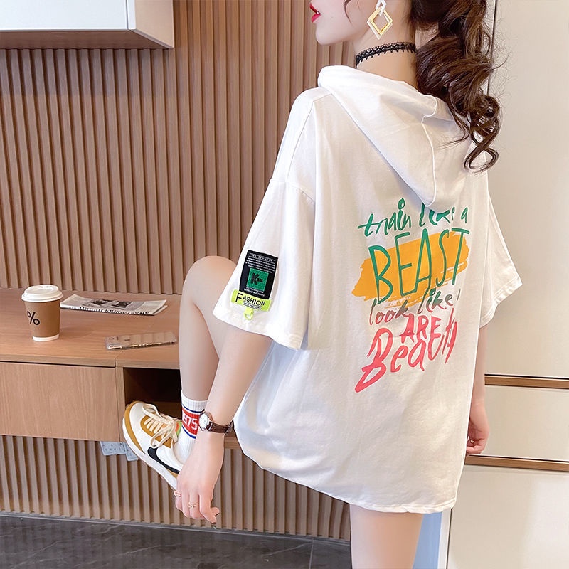 Áo thun mỏng tay ngắn dáng rộng có mũ trùm đầu kích thước lớn thời trang mùa hè mới cho nữ
