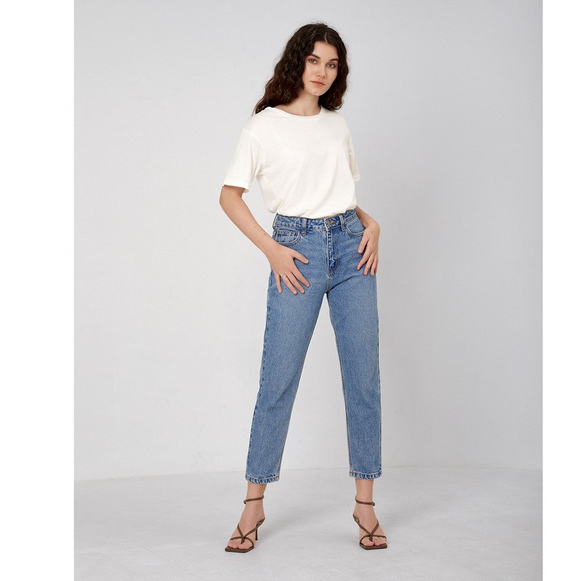 Quần Jeans Lưng Cao Nữ - Momfit Aqua Blue - Hashtagem ( Mã MFJ - 02B )