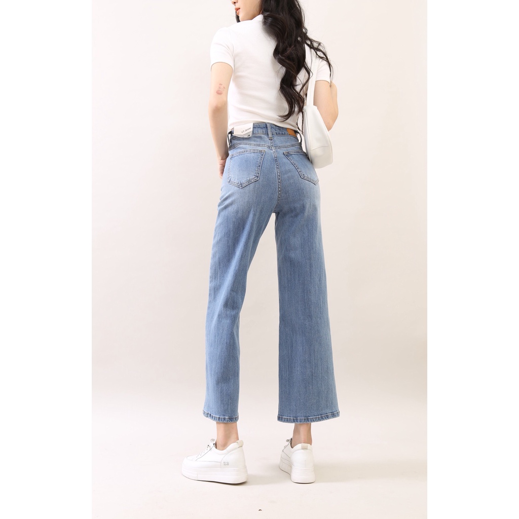 Quần Jean Nữ Ống Rộng cạp cao co giãn cơ bản Trơn Gấu Thường CT JEANS