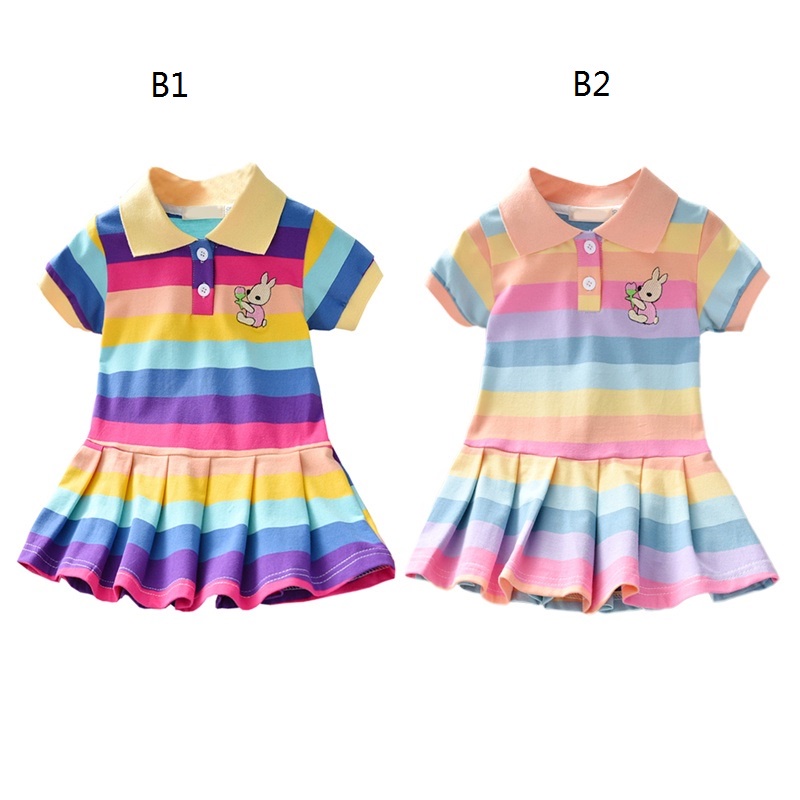 Đầm 2 dây dài ngang gối họa tiết sọc ngang màu cầu vồng xinh xắn cho bé gái