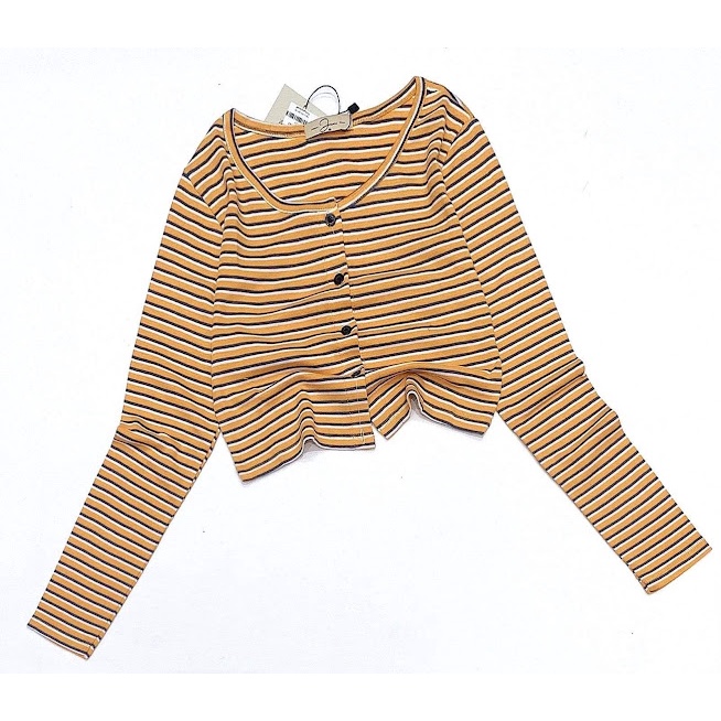 Áo Croptop Nữ Tay Dài Kiểu Ôm Thun Body Cổ Tròn Vải Sọc Có Nút Cúc SIÊU HOT. | BigBuy360 - bigbuy360.vn