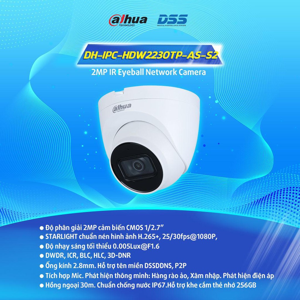 Camera IPC 2.0 Dahua Bán Cầu HDW 2230TP-AS-S2 Có Hỗ Trợ Khe Cắm Thẻ Nhớ Hỗ trợ P2P Tên Miền Starlight