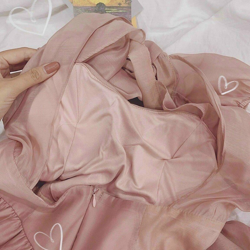 ẢNH THẬT TRẢI SÀN - ĐẦM MIDI HỒNG TAY DÀI NƠ CỔ