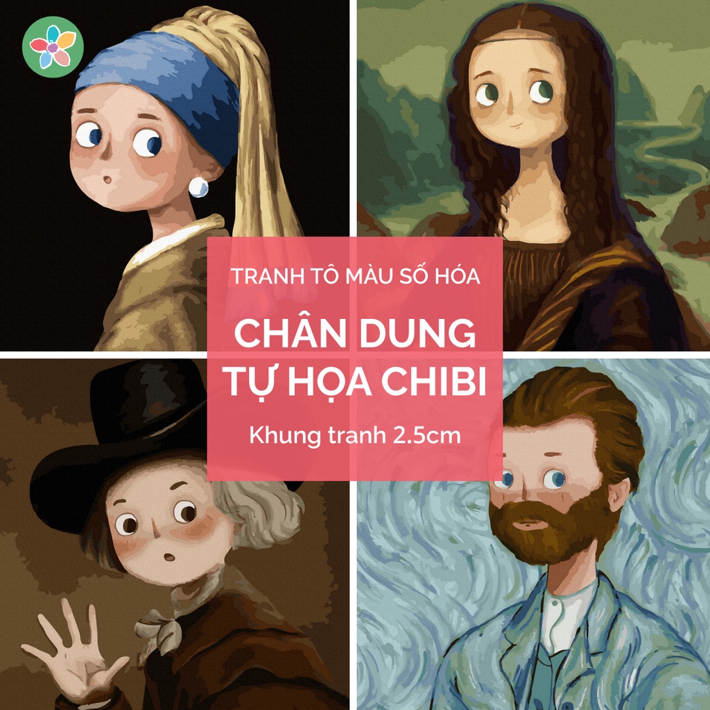 [Mã LIFEXANH03 giảm 10% đơn 500K] ✅Tranh tô màu theo số - Chân dung tự họa chibi đã căng khung 40x50cm